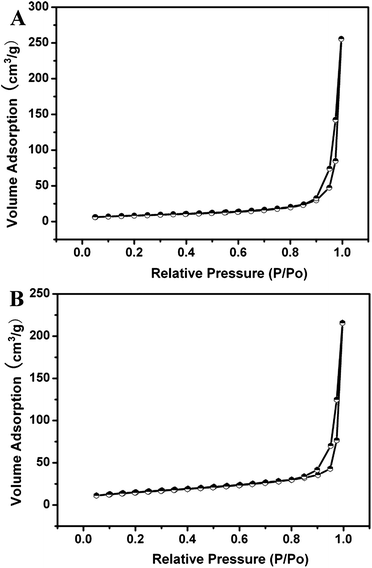 N2 adsorption/desorption isotherms for GdVO4:Yb3+/Er3+ hollow spheres (A) and PAA@GdVO4:Yb3+/Er3+ composites (B).