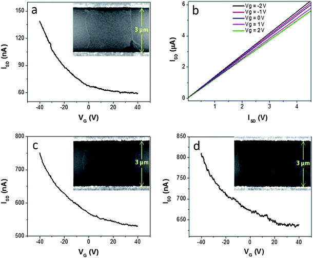 (a) The FET I–V curve of TRMGO on a SiO2/Si substrate (ISD = 100 mV). The inset shows an SEM image of a monolayer GO sheet bridging the electrode gap. (b) ISD–VSD output characteristics of the TRMGO FET device at different bottom-gate VG from −2 to 2 V with an interval of 1 V. (c) The FET I–V curve of the crumpled GO FET device. The inset shows an SEM image of a crumpled GO across the electrode gap. (d) The FET I–V curve of the multilayer GO FET device. The inset shows an SEM image of multilayer GO sheets across the electrode gap.