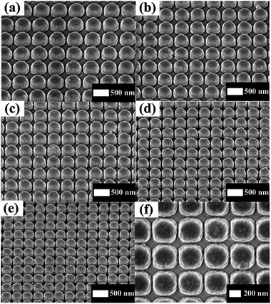 SEM images showing oblique views of dense nanorod arrays with different periodicities from (a) 540 nm to (e) 320 nm with a step size of 55 nm. (f) Magnified top view of (d) with p = 375 nm and d = 350 nm.