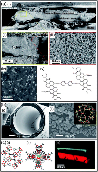 Self-assembled nanomaterials for separation and transport. (a) (i) Cryo-SEM image of the membrane's cross-section; (ii) magnified area showing the sharp border between the supramolecular membrane and its cellulose acetate support; (iii) high magnification reveals the porous three-dimensional nanostructure of the supramolecular membrane material; (iv) backscattered electron cryo-SEM image of the supramolecular membrane used for filtering a solution of gold nanoparticles. Gold nanoparticles (appearing as bright spots) have sizes ranging from 10 to 20 nm; (v) amphiphilic perylene used as a self-assembly unit for the supramolecular membrane. (b) SEM images of (i) the cross-section of MIL-101 coated capillary column (inset shows the thickness of the MIL-101 coating); and (ii) MIL-101 deposited on the inner wall of the capillary column (inset shows the structure of MIL-101). (c) (i) One unit cell of a MOF-5 crystal made of terephthalic acid struts and octahedral carboxylato Zn4O(CO2)6 secondary building units; (ii) view along the 1D channel of MOF-5. The cross-section of the channel is ∼8 × 8 Å2. The red and green molecules in the channel illustrate the mixture to be separated; (iii) 3D fluorescence confocal images of MOF-5 crystals in which the migrating dyes are resolved into separate bands: separation of pyronin B (red) and thionin (green) at 90 min. Panel (a): reproduced with permission from ref. 484; (b) reproduced with permission from ref. 496; (c) reproduced with permission from ref. 500.