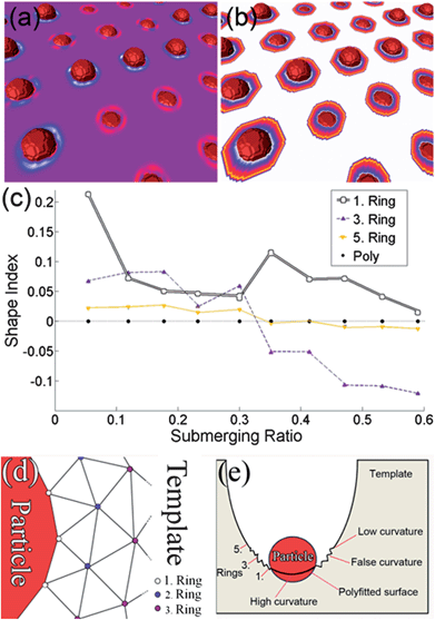 (a) Particles with different submerging ratios, showing negative (blue, white) or positive (red) local curvature instead of zero (purple) on a flat surface. (b) Visualization of the rings colored according to the ring value (white: 1. ring – > yellow: 5. ring). (c) Shape index of the test image with respect to the submerging ratio. (d) The triangulation scheme used to define the rings. (e) An overview image on both methods.