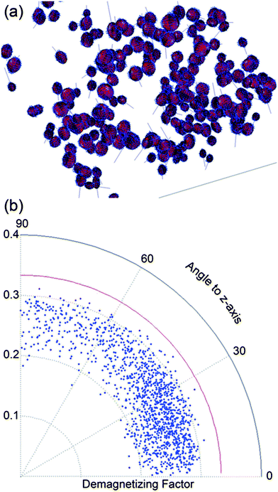(a) Fitted ellipsoids (red). Blue points are from the mesh of the generated surface of the particles and the lines are the directions of the shape anisotropy easy axis. The length of the line is the inverse of DF. (b) The angular axis is the angle of the shape anisotropy easy axis with respect to the z-axis vs. the DF on the radial axis.