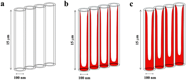 The concept of infiltrating the titania nanotubes via a tailored spin-coating procedure. (a) Plain tubes, (b) tubes with a low material content (corresponding to 0.1 g As3S7 per ml solution), (c) tubes with high material content (corresponding to 0.166 g As3S7 per ml solution).