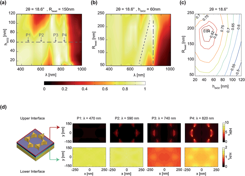 Absorption spectra vs. geometrical parameters and field profiles. (a) Simulated absorption spectrum as a function of hSiO2 for Rbead = 150 nm and hAuBR = hAuFP = 100 nm. The dashed line indicates the best case, which also corresponds to the experimentally realized absorber. The arrows P1–P4 indicate the position of the main absorption peaks. (b) Simulated absorption spectrum as a function of Rbead for hSiO2 = 60 nm and hAuBR = hAuFP = 100 nm. The eye-guiding dotted and dotted-dashed lines show the change in the absorption peaks corresponding to P3 and P4, respectively. (c) Contour plot showing total absorption of sunlight, Atot, as a function of geometrical parameters Rbead and hSiO2. In order to compare similar tip geometries, ΔR/Rbead is kept constant and equal to 0.0133 (2θ = 18.6°). Absorption is calculated within the spectral range of 350–1000 nm assuming the solar irradiance for the standard AM1.5 (air mass) spectrum. (d) Normalized magnetic field (H) profiles at two cross-sections within the SiO2 layer for the cases specified by P1–P4 in (a) (upper cross-section: interface between the front Au pattern and the SiO2 layer; lower cross-section: interface between the SiO2 layer and the gold back reflector).