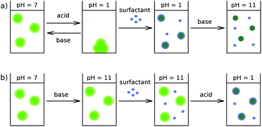 Influence of pH on QDs and a QD–surfactant system. The light-green and dark-green colors correspond, respectively, to fluorescent and non-fluorescent QDs.