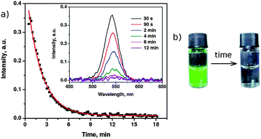 (a) Representative time characteristics of the QD fluorescence quenching, obtained for 0.2 M C12E8 at λmax = 540 nm. The red curve is a mono-exponential fit to the data. Inset: emission spectra recorded for different times of the quenching process. (b) Photographs of a QD solution before and after the quenching taken in the UV light.