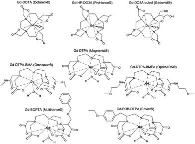 Commercially available Gd3+ chelate MRI contrast agents: (a) Gd DOTA, (b) Gd DTPA, (c) Gd sulfonamide, (d) Gd β-galactosidase, (e) Gd esterase, (f) Gd bpatcn-QD, (g) Gd glutamate. Reprinted with permission from ref. 85. Copyright 2010 American Chemical Society.