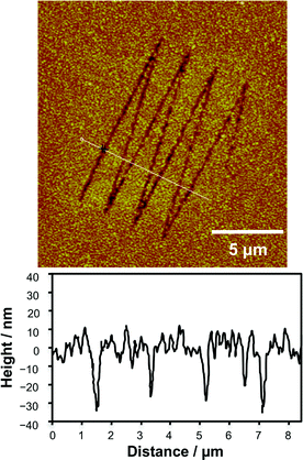 15 × 15 μm2 AFM topographical image and line section analysis of nanostructures formed by etching aluminium through nanoshaved SAMs of ODPA as the resist.