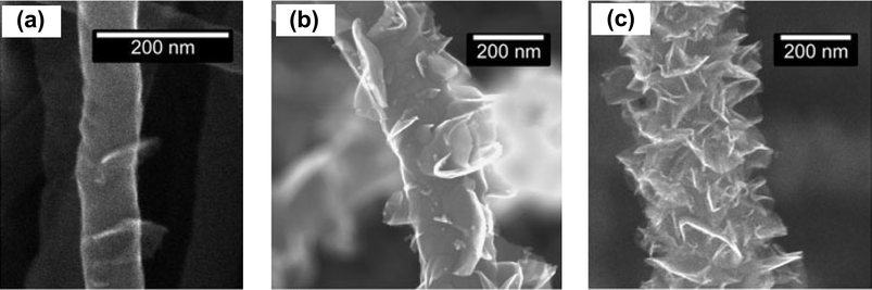 SEM images of graphenated carbon nanotubes (g-CNTs): (a) low-density graphene foliates on a CNT, (b) medium-density graphene foliates on a CNT, (c) high-density graphene foliates on a CNT. Reprinted with permission from ref. 131. Copyright 2012 Springer.