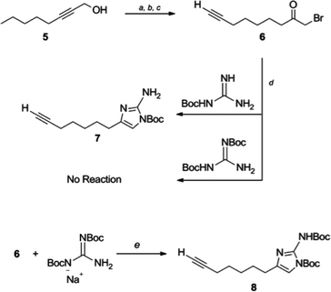 Synthetic approach to di-Boc 2-amino imidazole 8. Reaction conditions: (a) ethylenediamine, NaH, 86%, (b) CrO3, H2SO4, H2O, acetone, 92%, (c) i. CH2N2, Et2O-CH2Cl2 0 °C; ii. aq HBr 67%, (d) DMF, 3 days, 59%, (e) i. di-Boc guanidine, NaH, DMF, 4 h 0 °C to rt; ii. MsCl, Et3N, CH2Cl2, 1 h 82%.