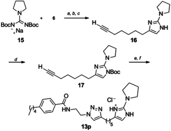 Synthesis of pyrrolidine derivative 13p. Reagents and conditions (a) NaH, DMF, (b) 1-bromonon-8-yl-one, (c) 30% TFA/CH2Cl2, (d) di-tert-butyl dicarbonate, Et3N, DMAP, DMF (58%), (e) 11, CuSO4, sodium ascorbate, tBuOH/H2O/CH2Cl2, (f) 10–30% TFA-CH2Cl2 (89–100%).