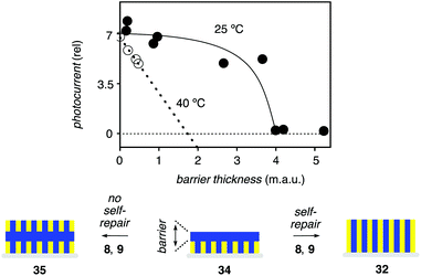 Self-repair during co-SOSIP of 8 and 9 is assessed from the removal of a blue barrier in 34 at 25 °C (●) and 40 °C (○) to restore the most active SHJ architecture 32. Adapted from ref. 19 with permission. © 2011 American Chemical Society.