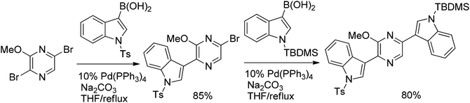 Coupling of 2,5-dibromo-3-methoxypyrazine with protected indolylboronic acids.