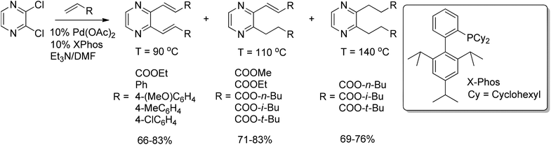 Heck cross-coupling of 2,3-dichloropyrazine with acrylates and styrenes.