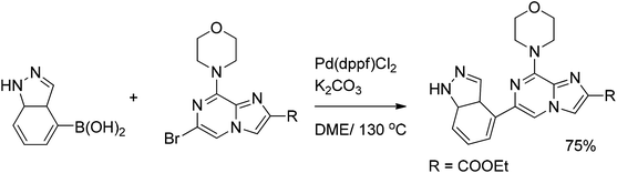 Suzuki coupling of bromoimidazopyrazines with imidazoleboronic acid.