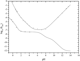 pH rate-profile for the hydrolysis of PP(iii) (+) and PP(v) (×) at 25 °C.