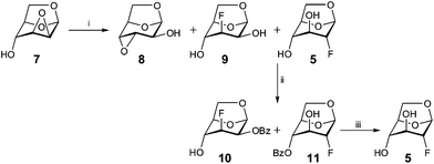 Reagents and conditions: (i) KHF2, ethylene glycol, 198 °C, 2 h, 8 (3%), 9 + 5 (40%); (ii) BzCl, pyridine, CH2Cl2, 0 °C, 12 h, 10 (24%), 11 (19%); (iii) NaOMe, MeOH, 3 h, 5 (70%).