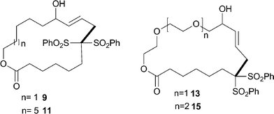 Tsuji–Trost-macrocyclisation products. The bond formed in the cyclisation step is indicated in bold.