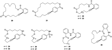 Sonogashira-macrocyclisation products. The bond formed in the cyclisation step is indicated in bold.