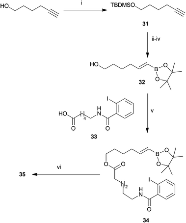 Synthesis of Suzuki-macrocyclisation substrate 34. (i) TBDMSCl, Et3N, DMAP, DCM, overnight, quant.; (ii) catecholborane, 75 °C, 6 h; (iii) H2O, 1 h, then CH2O, 1 h, then pinacol, overnight; (iv) NH4F, MeOH, 6 h, 49% (3 steps); (v) DIC, DMAP, DCM, overnight, 68%; (vi) 10% Pd[PPh3]4, 0.04 M DME–H2O–DMF (7/3/2), 2 eq. Cs2CO3, 80 °C, 15 h, 60%.