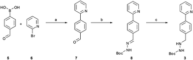 Synthetic route developed by Bristol–Meyers–Squibb (BMS) for the N-Boc hydrazine biaryl intermediate 3. Reagents and conditions: (a) 1.9 equiv. 5, 0.2 mol% Pd(PPh3)4, aqueous 3 M Na2CO3, toluene–ethanol (4 : 3), reflux 20 h, 80% yield. (b) N-Boc hydrazine (1 equiv.), toluene–2-propanol (4 : 3), reflux 2 h and then 22 °C for 16 h, 85% yield. (c) 1 mol% Pd/C (10%), HCO2Na (0.8 equiv.), ethanol–water (5.5 : 1), 57 °C for 1.5 h, 78% yield (overall yield 53%).
