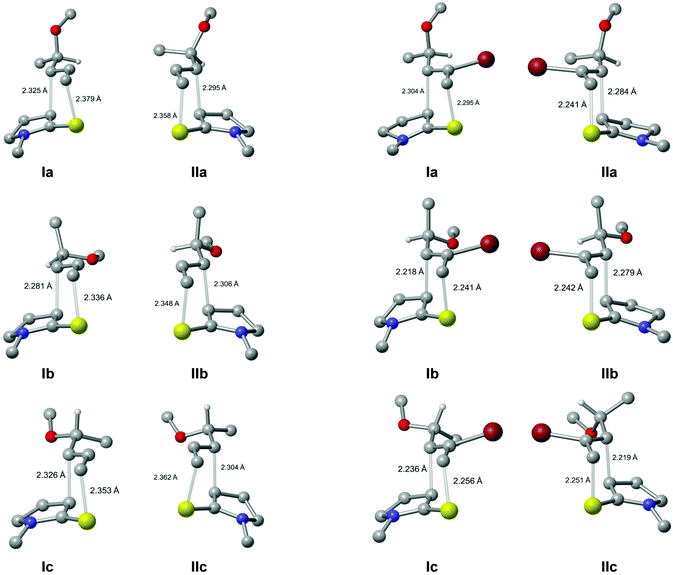 Transition state structures for thia-Claisen rearrangement of 27a (left) and 27b (right). Hydrogen atoms, other than the one at the stereogenic centre, are omitted for clarity.