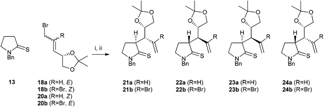 Thia-Claisen rearrangement of acetonide-containing substrates. Reagents and conditions: (i) MeCN, rt, 4 Å molecular sieves; (ii) Et3N, 40 °C.