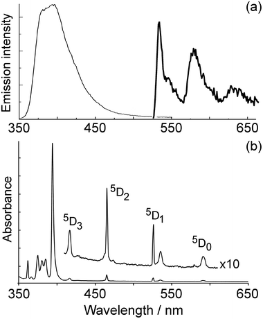 (a) Fluorescence from the naphthalimide unit of Eu·L in aqueous solution (thin line) and phosphorescence of a simple N-substituted naphthalimide recorded at 77 K (thick line, taken from ref. 23); (b) UV/Vis absorption spectrum of Eu(NO3)3 in water.