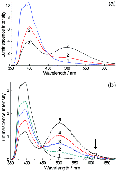 (a) Luminescence spectra of H3L in water with excitation at 320 nm. Spectra (1)–(3) were recorded at concentrations of 9.4 × 10−5, 2.14 × 10−3 and 1.75 × 10−2 M respectively, using 1.0 cm, 0.1 cm and 54 μm cells respectively. (b) Luminescence spectra of Eu·L in O2-equilibrated water (oxygen concentration, 2.8 × 10−4 M) with excitation at 320 nm. Spectra (1)–(5) were recorded at concentrations 5.7 × 10−5, 1.14 × 10−3, 3.45 × 10−3, 9.23 × 10−3 and 2.27 × 10−2 M, respectively. Spectra were measured in a 54 μm cuvette with the exception of spectrum (1) which used a 1 cm cuvette; the normalization of this spectrum with respect to the others is made with the help of the isosbestic point.