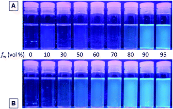 Photographs of (A) monomer 1 and (B) polymer P1 in THF–water mixtures with different water fractions (fw) taken under UV illumination from a hand-held UV lamp.