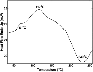 DSC result of the cured epoxy polymer reacted at 60 °C for 10 hours. Heating rate is 5 °C min−1.