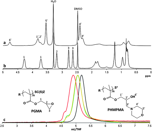 NMR spectra of PGMA (a) and PHMPMA (b). GPC traces (c) of PGMA (black line), PHMPMA (green line), PHMPMA obtained in N-methylpyrrolidone (yellow line) and PHMPMA treated with phenyl isocyanate (red line).