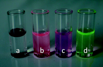 Nile Red: dispersed in pure water (a), dissolved in THF (b), dispersed in water by means of PMMA-b-PHMPMA micelles (c). Aqueous solution of PHMPMA homopolymer covalently bound to fluorescein (d).