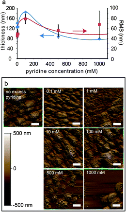Effect of the addition of excess pyridine in CAPROMP using catalyst 3: (a) final film thickness (25 h), as determined by ellipsometry, and root mean square (RMS) surface roughness values determined by AFM versus pyridine concentration; and (b) 3D height-mode AFM images of P1 films obtained using various concentrations of pyridine (25 h). Scale bar = 1 μm.