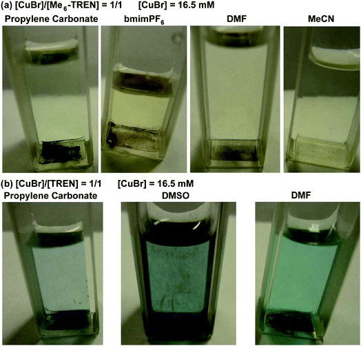 Visual observation of Cu(0) nanoparticles and CuBr2 generated from the disproportionation of CuBr in polar aprotic solvents in the presence of Me6-TREN (a); and TREN (b). Conditions: solvent = 1.8 mL; [CuBr]/[N-ligand] = 1/1. Pictures were taken 10 min after mixing the reagents.