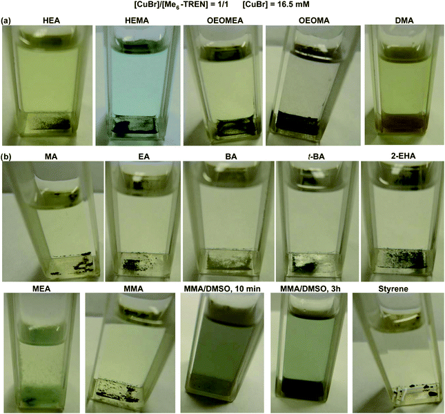 Visual observation of Cu(0) nanoparticles generated from the disproportionation of CuBr/Me6-TREN in a range of commercial polar monomers (a); and nonpolar monomers (b) at 25 °C. Conditions: monomer = 1.8 mL, [CuBr] = 16.5 mM, [CuBr]/[Me6-TREN] = 1/1. Pictures were taken 15 min after mixing reagents, except DMA, which was taken 2 h after mixing the reagents.