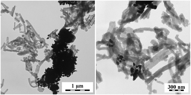 PPy composites obtained by the reduction of silver nitrate with nanotubular PPy salt. Two magnifications.