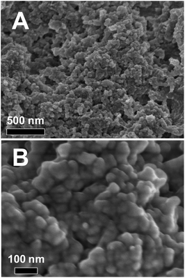 SEM images of the mesoPILC product prepared from precipitation of PIL–COOH solution (7 wt% in DMSO) into ammonia-containing diethyl ether. (B) Enlarged view of (A).