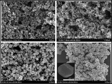 SEM images of GeTe crystals (sample 2) produced from reaction of Ge2+ and (Et3Si)2Te in TOPO at 250 °C and reaction times of (a) 2 min, (b) 10 min, (c) 30 min, (d) 60 min (inset: SEM image of a single GeTe crystal).