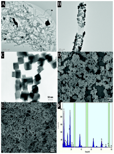 TEM images of the Pt/CNTs ((A) low and (B) high magnifications) and CoNP (C). SEM micrographs of CoNP (D) and the CoNP–Pt/CNTs composite (E). The EDS pattern of Pt/CNTs (F).