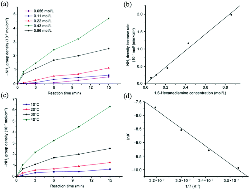 (a,c) –NH2 density as a function of reaction time with (a) different 1,6-hexanediamine concentration at 30 °C, and (c) different temperature at a 1,6-hexanediamine concentration of 0.43 mol L−1. (b) –NH2 density increase per unit time obtained from (a) as a function of 1,6-hexanediamine concentration, and (d) lnk vs. 1/T calculated from (c).25 Reprinted with permission from ref. 25. Copyright 2012, Springer.