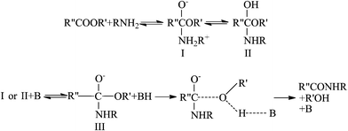 The mechanism of the aminolysis reaction of small molecules. R, R′ and R′′ represent alkyl groups and B represents a base molecule. Modified from the illustration of Bunnett et al.24 Reprinted with permission from ref. 24. Copyright 1960, American Chemical Society.