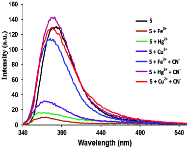 Changes in the fluorescence spectra of metal complexes (5:Fe3+, 5:Hg2+ and 5:Cu2+) in the presence of CN− (60 μM) in distilled H2O.