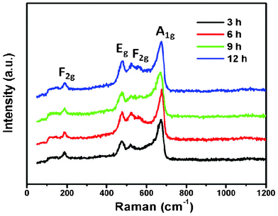 Room temperature Raman spectra of NiCo2O4 samples at 180 °C from different hydrothermal reaction times.