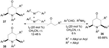 Iodine catalyzed double Mannich reaction.