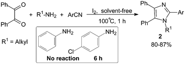 Iodine catalyzed solvent-free synthesis of 1,2,4,5-tetraarylimidazoles.
