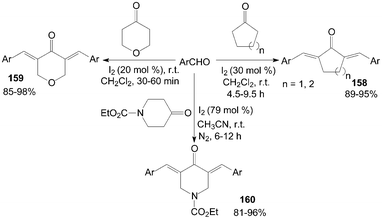 Iodine catalyzed cross-aldol condensation.