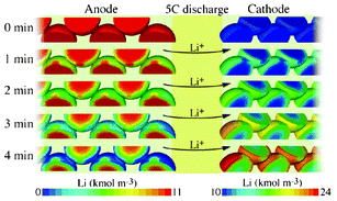 Calculated Li concentration within the electrode particles during a 5C discharge. Reprinted from ref. 220 with permission of Elsevier.