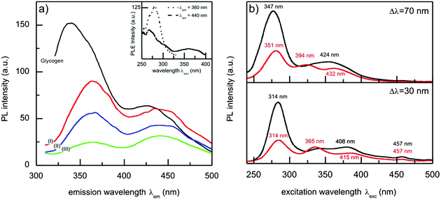 (a) Photoluminescence emission spectra (λexc = 280 nm) of glycogen (black line) and Au–glycogen (I: 0.03 mM Au, II: 0.06 mM Au and III: 0.09 mM Au) aqueous solutions. Photoluminescence excitation spectra (λem = 360 nm and 440 nm) of the glycogen solution are shown in the inset. (b) Synchronous photoluminescence emission spectra of glycogen (black line) and 0.045 mM Au–glycogen (red line) solutions for Δλ = 70 nm and 30 nm. The numbers in (b) correspond to the wavelengths of the emission maxima.