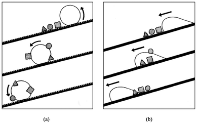 Illustration of a water droplet rolling off a rough surface in (a) and sliding on a flat surface in (b). Reprinted from W. Barthlott and C. Neinhuis, Purity of the sacred lotus, or escape from contamination in biological surfaces, Planta 1997, 202, 1–8, Copyright (1997), with kind permission from Springer Science and Business Media.